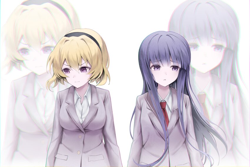 2girls absurdres aged_up alternate_breast_size averting_eyes black_hairband blonde_hair blue_hair blunt_bangs breasts closed_mouth collared_shirt commentary furude_rika grey_jacket hair_between_eyes hairband highres higurashi_no_naku_koro_ni higurashi_no_naku_koro_ni_gou houjou_satoko jacket large_breasts long_hair long_sleeves multiple_girls necktie nyako_(x_nyako_x) open_mouth purple_eyes red_necktie school_uniform shirt short_hair upper_body white_shirt zoom_layer