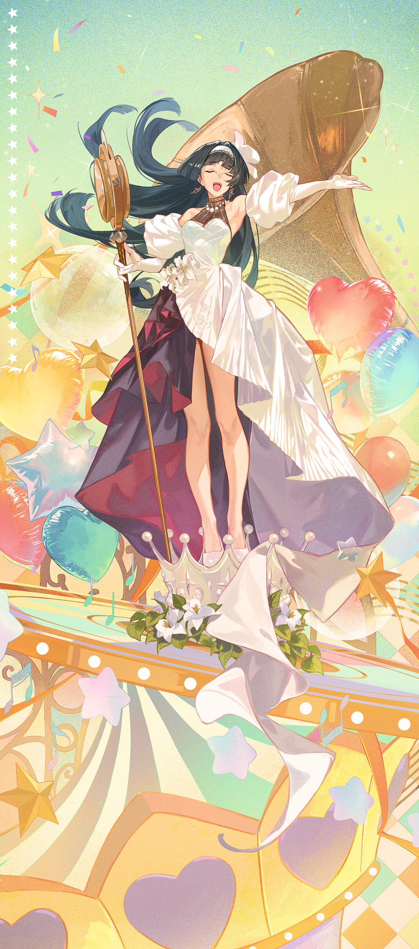 1girl absurdres alternate_costume astra_yao balloon bare_shoulders black_hair border breasts closed_eyes crown daniel_deng dress earrings elbow_gloves full_body gloves hairband heart_balloon high-low_dress highres holding holding_microphone_stand jewelry large_breasts long_hair microphone_stand open_mouth oversized_object partially_fingerless_gloves phonograph shoes solo standing star_balloon white_dress white_gloves white_hairband white_shoes zenless_zone_zero