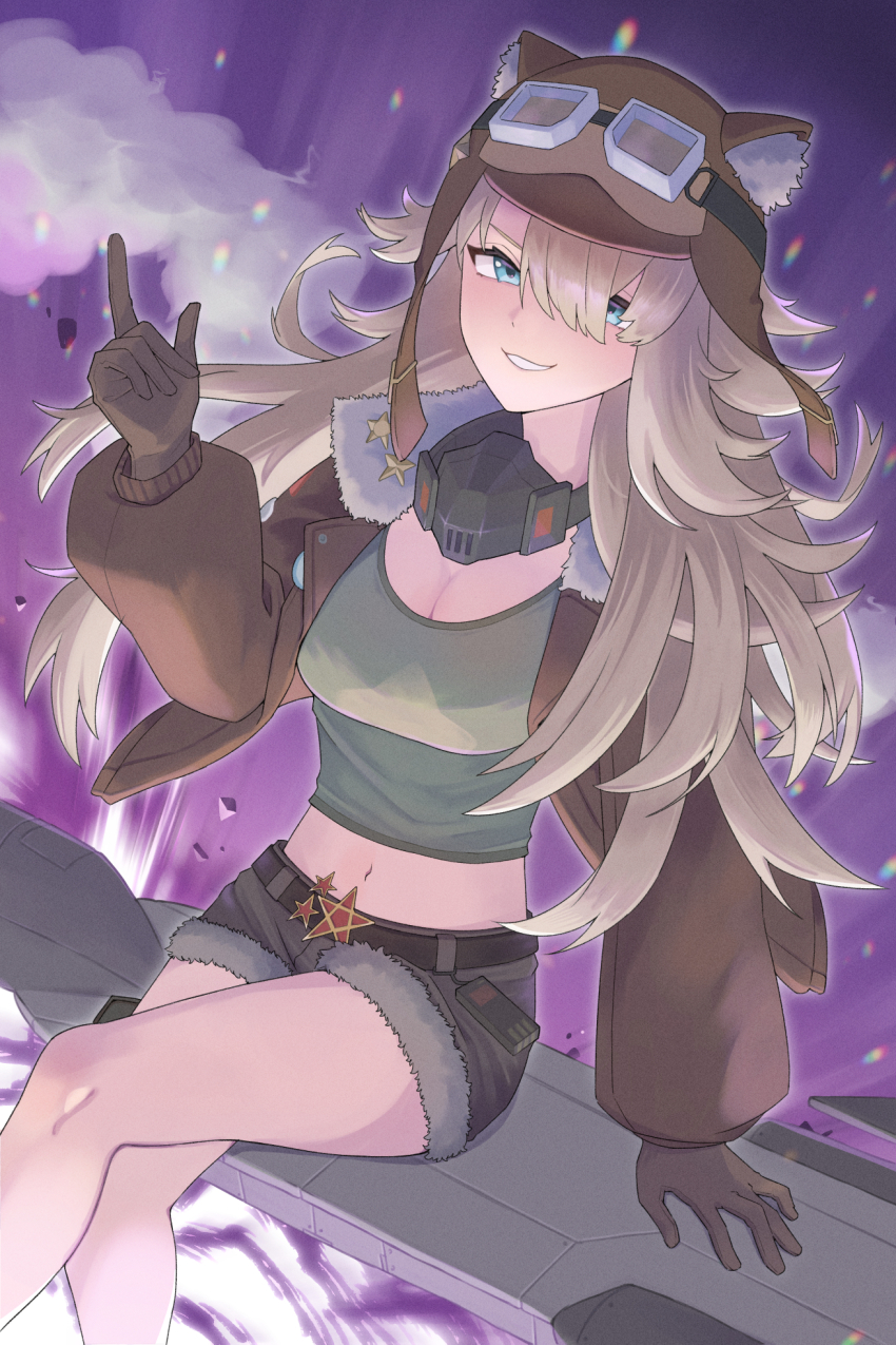 1girl animal_ear_headwear aviator_cap blonde_hair blue_eyes breasts broom broom_riding brown_gloves brown_hat brown_jacket brown_shorts cleavage crossed_legs explosion fake_animal_ears feet_out_of_frame fur-trimmed_jacket fur_trim gloves goggles goggles_on_headwear green_shirt grin hair_between_eyes hand_up hat highres jacket lilya_(reverse:1999) long_hair long_sleeves looking_at_viewer mask mask_around_neck mechanical_broom midriff navel oxygen_mask purple_background reverse:1999 shinna_(user_zfuz4288) shirt shorts sidesaddle sitting smile solo