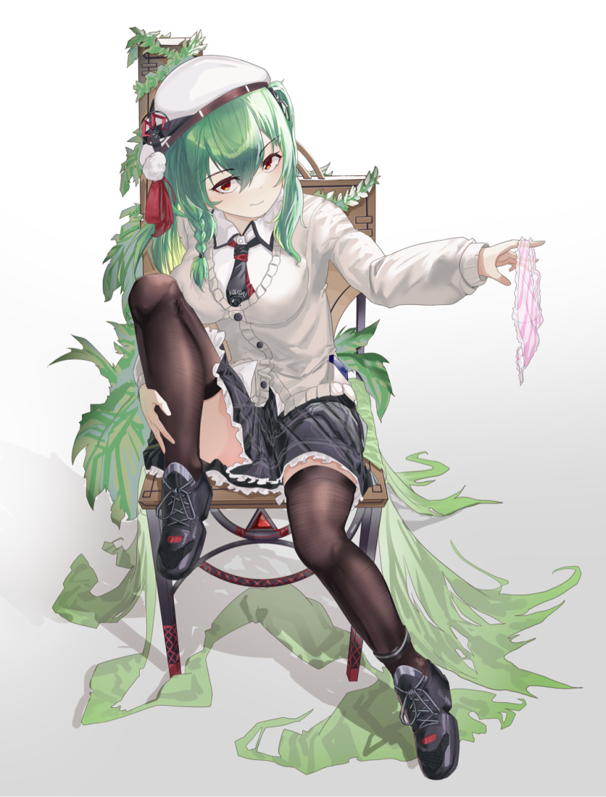 1girl artist_request beret black_necktie black_skirt black_thighhighs braid breasts cardigan chair closed_mouth collared_shirt commission frilled_skirt frills full_body green_hair hair_between_eyes hat highres holding holding_panties holding_underwear holding_unworn_clothes huanxiang_koudai_meow indie_virtual_youtuber knee_up long_hair long_sleeves looking_at_viewer miniskirt necktie panties pink_panties plant pleated_skirt red_eyes second-party_source shirt shoes simple_background sitting skirt smile solo thighhighs underwear unworn_panties very_long_hair white_background white_shirt