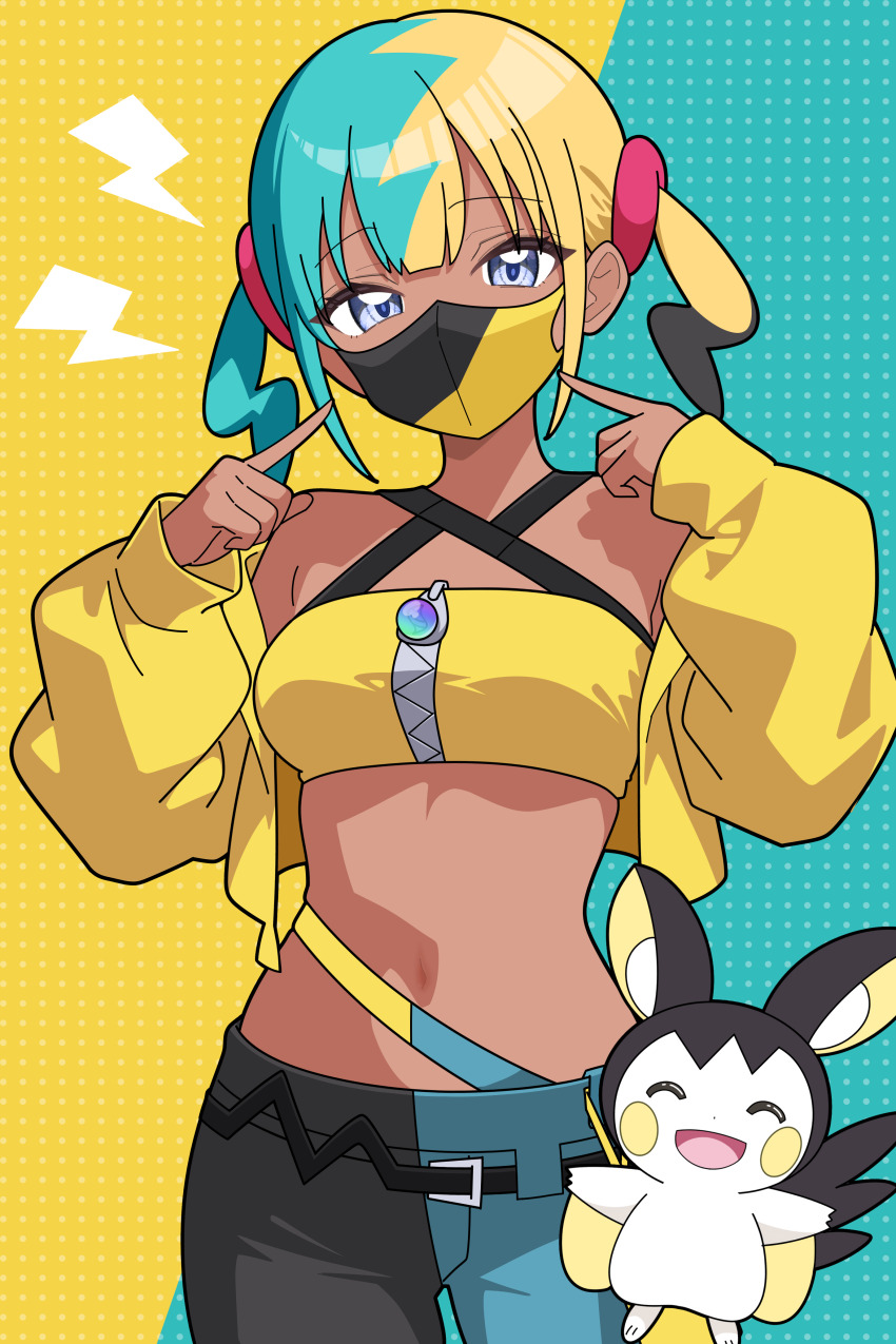 1girl :d ^_^ absurdres aqua_background aqua_hair aqua_pants black_hair black_mask black_pants blonde_hair blue_eyes canari_(pokemon) closed_eyes dark-skinned_female dark_skin emolga gen_5_pokemon highres jacket looking_at_viewer mask mouth_mask navel nintendo odorukaminoke open_mouth pants pokemon pokemon_(creature) pokemon_legends:_z-a polka_dot polka_dot_background smile sports_bra standing twintails two-tone_mask two-tone_pants yellow_background yellow_jacket yellow_mask yellow_sports_bra