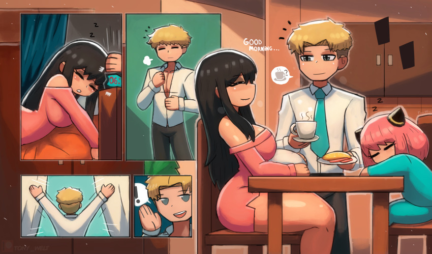 ! 1boy 2girls ? alarm_clock anya_(spy_x_family) bed bedroom black_hair black_pants blonde_hair blue_necktie blue_pajamas blush breakfast breasts breath bun_cover chair clock closed_eyes coffee coffee_mug collarbone comic cone_hair_bun crushing cup cupboard curtains digital_clock double_bun dressing drink food green_eyes hair_bun holding holding_cup holding_plate kitchen large_breasts long_hair long_sleeves lying mug multiple_girls necktie off-shoulder_shirt off_shoulder on_bed onesie open_mouth opening_curtains oversized_clothes oversized_shirt pajamas pants parted_lips pink_hair pink_shirt plate puff_of_air shirt short_hair sitting sleeping smile speech_bubble spoken_exclamation_mark spoken_food spoken_question_mark spy_x_family standing steam table teeth thick_thighs thighs tony_welt twilight_(spy_x_family) waving white_shirt yor_briar zzz