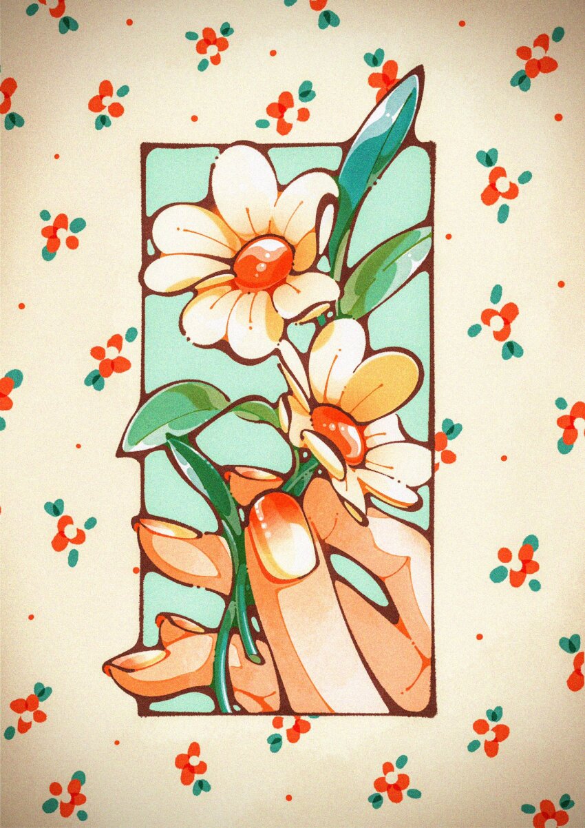 fingernails floral_background floral_print flower flower_focus highres holding holding_flower leaf nail_polish original trym_hinano white_flower