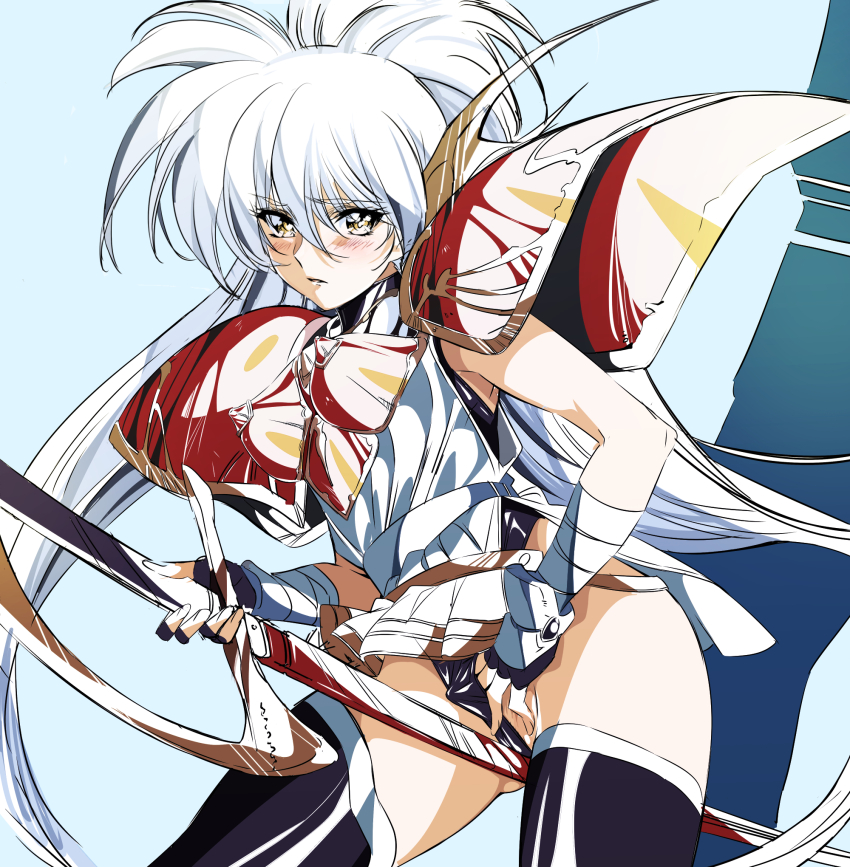 1girl armor black_leotard blush breasts brown_eyes closed_mouth covered_erect_nipples fingerless_gloves gloves grey_hair highleg highleg_leotard highres langrisser langrisser_iii leotard long_hair looking_at_viewer luna_(langrisser) niko_(tama) short_hair skirt solo sword thighhighs thong_leotard very_long_hair weapon