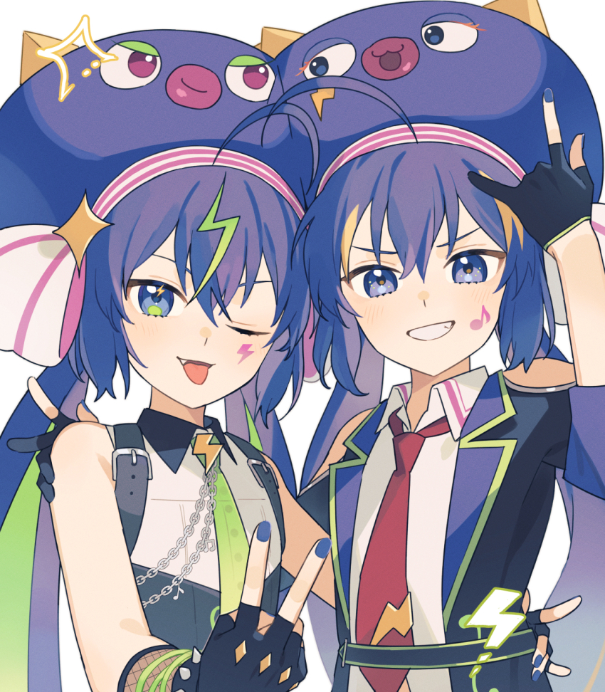 2girls ahoge bare_shoulders black_gloves black_jacket blonde_hair blue_eyes blue_hair blue_headwear blue_nails bracelet chain clothing_cutout collared_shirt colored_inner_hair dual_persona facial_mark fingerless_gloves gloves green_hair green_necktie green_trim grin hair_between_eyes hand_on_another&#039;s_shoulder hand_on_another&#039;s_waist hand_up hat highres jacket jewelry light_smile lightning_bolt_facial_mark lightning_bolt_symbol long_hair looking_at_viewer multicolored_hair multiple_girls musical_note necktie one_eye_closed open_mouth otomachi_una otomachi_una_(spicy) otomachi_una_(vocaloid6_spicy) partially_fingerless_gloves red_necktie shirt shoulder_cutout sleeveless sleeveless_shirt smile sparkle spiked_bracelet spikes streaked_hair suiso_sn3 tongue tongue_out v v-shaped_eyebrows vocaloid white_background