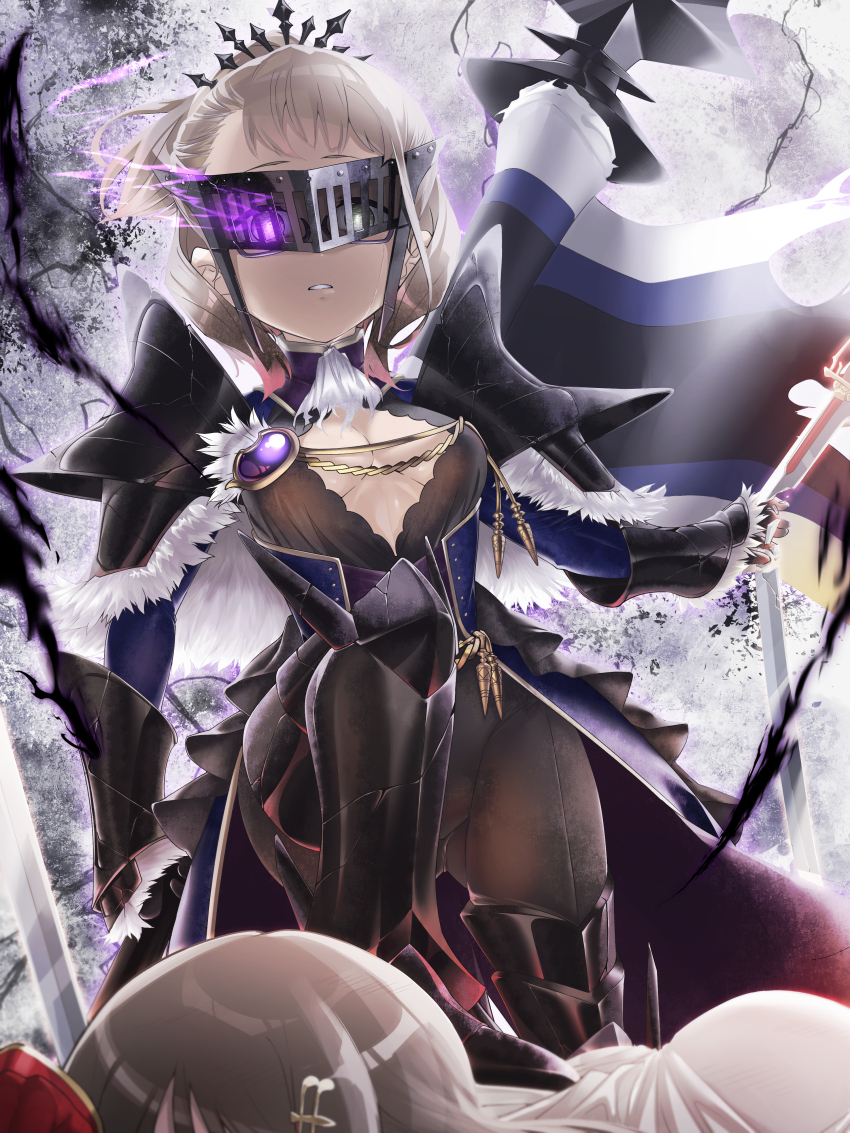2girls absurdres akihara_sekka alternate_costume cosplay dark_persona fire highres izumi_kanagi izumi_kanagi_(cosplay) izumi_kanagi_(tokoyami_ver.) magia_record:_mahou_shoujo_madoka_magica_gaiden mahou_shoujo_madoka_magica masabou miyoshi_karin multiple_girls purple_fire voice_actor_connection white_background yuuki_yuuna_wa_yuusha_de_aru yuuki_yuuna_wa_yuusha_de_aru:_hanayui_no_kirameki yuusha_de_aru