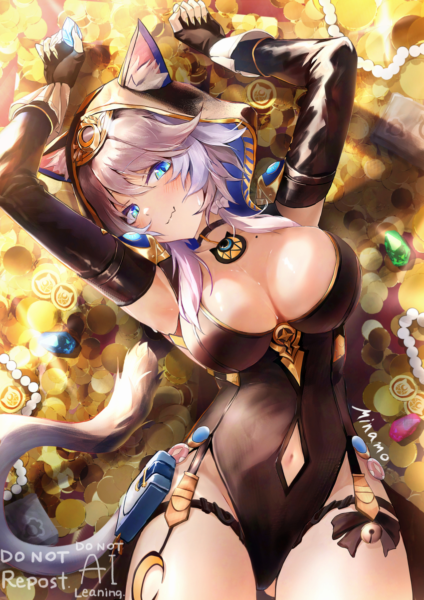 1girl animal_ear_fluff animal_ears animal_hood artist_name black_gloves black_leotard blue_eyes breasts cat_ears cat_girl cat_hood cat_tail cipher_(honkai:_star_rail) cleavage clothing_cutout coin commentary_request detached_sleeves fang fingerless_gloves gem gloves gold_coin grey_hair highres honkai:_star_rail honkai_(series) hood large_breasts leotard lying minamo_(edosei_edo) mole mole_on_breast navel navel_cutout on_back short_hair_with_long_locks skin_fang solo tail thighs treasure