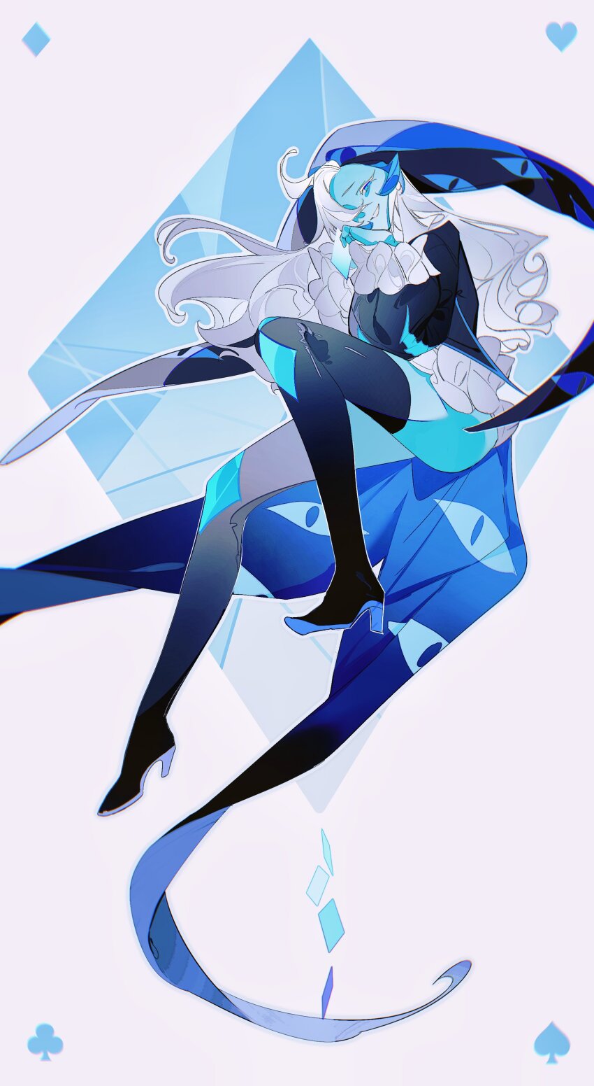 1girl absurdres ahoge black_shirt black_thighhighs blue_cape blue_eyes blue_hat blue_skin cape card colored_eyelashes colored_skin cookie_run cookie_run:_kingdom frills genderswap genderswap_(mtf) hair_over_one_eye hat high_heels highres jester_cap long_hair long_sleeves looking_at_viewer puffy_sleeves senlly_2507 shadow_milk_cookie shirt simple_background smile solo thighhighs white_background white_eyelashes white_hair