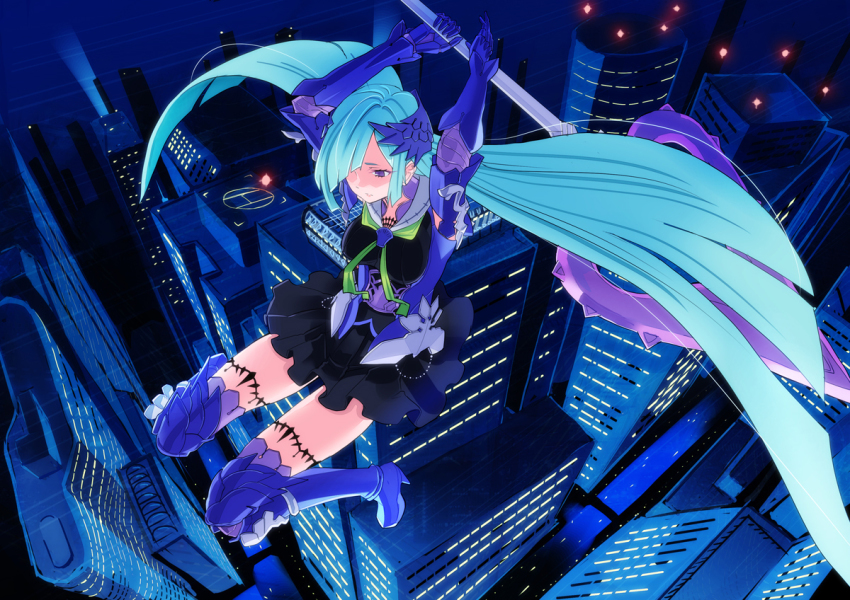 1girl bad_id bad_pixiv_id blush boots brynhild_(fate) building fate/grand_order fate/prototype fate/prototype:_fragments_of_blue_and_silver fate_(series) female_focus fujimo_ruru gauntlets hair_over_one_eye long_hair polearm purple_eyes silver_hair skirt solo spear very_long_hair weapon