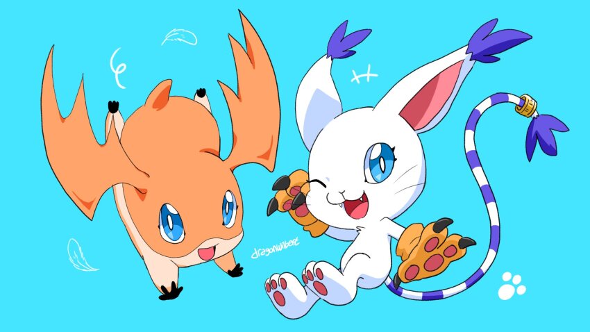artist_name blue_background blue_eyes claws digimon digimon_(creature) highres looking_at_viewer no_humans one_eye_closed open_mouth patamon simple_background slayer_dramonz tail tailmon