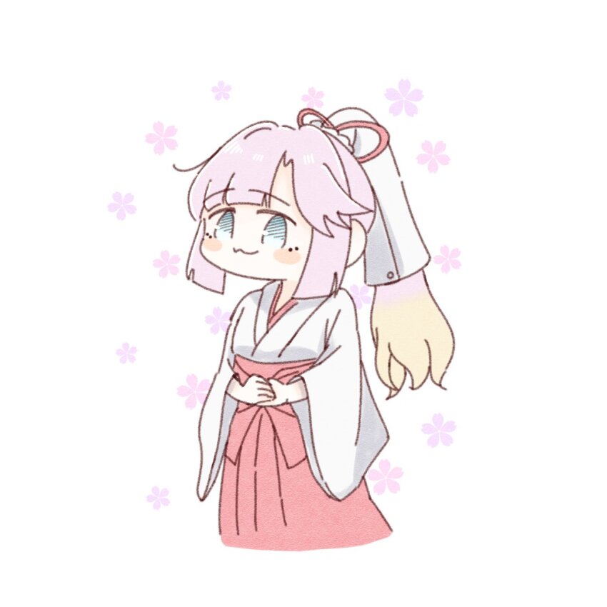 1girl :3 alternate_costume amano_tatsu anyoji_hime blonde_hair blue_eyes blunt_bangs blush_stickers closed_mouth commentary deformed flower_symbol gradient_hair hair_tubes hakama hakama_skirt highres japanese_clothes kimono kosode link!_like!_love_live! long_hair love_live! miko multicolored_hair pink_hair ponytail red_hakama red_skirt sakuramon sidelocks simple_background single_hair_intake single_hair_tube skirt smile solo swept_bangs virtual_youtuber white_background white_kimono