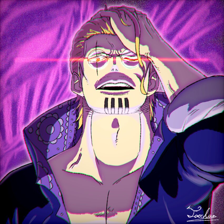 1boy beard blonde_hair chromatic_aberration coat commentary_request facial_hair glasses high_collar highres looking_at_viewer male_focus mustache_stubble one_eye_closed one_piece open_mouth purple_background short_hair signature silvers_rayleigh sleeves_rolled_up solo stubble tacchan56110 upper_body