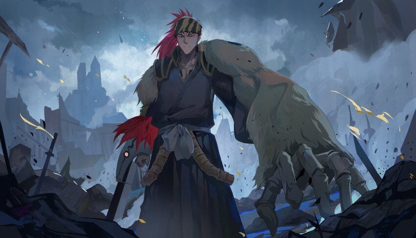 1boy abarai_renji bankai black_kimono bleach bleach:_sennen_kessen-hen bone forehead_tattoo giant_hand headband highres japanese_clothes kimono long_hair long_sleeves looking_at_viewer male_focus ponytail red_hair shihakusho skull souou_zabimaru_(bankai) tattoo weapon zanpakutou zzz_zhi_he