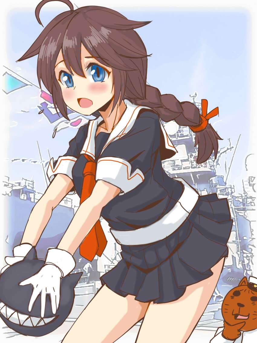 1girl 1other admiral_(kancolle) ahoge ball black_hair black_serafuku black_skirt blue_eyes braid cowboy_shot gloves hair_flaps hair_ornament hair_over_shoulder highres holding kantai_collection leaning_forward mushi_mushi_ex necktie non-human_admiral_(kancolle) pleated_skirt red_necktie school_uniform serafuku shigure_(kancolle) shigure_kai_ni_(kancolle) ship single_braid skirt watercraft white_gloves zanshomimai