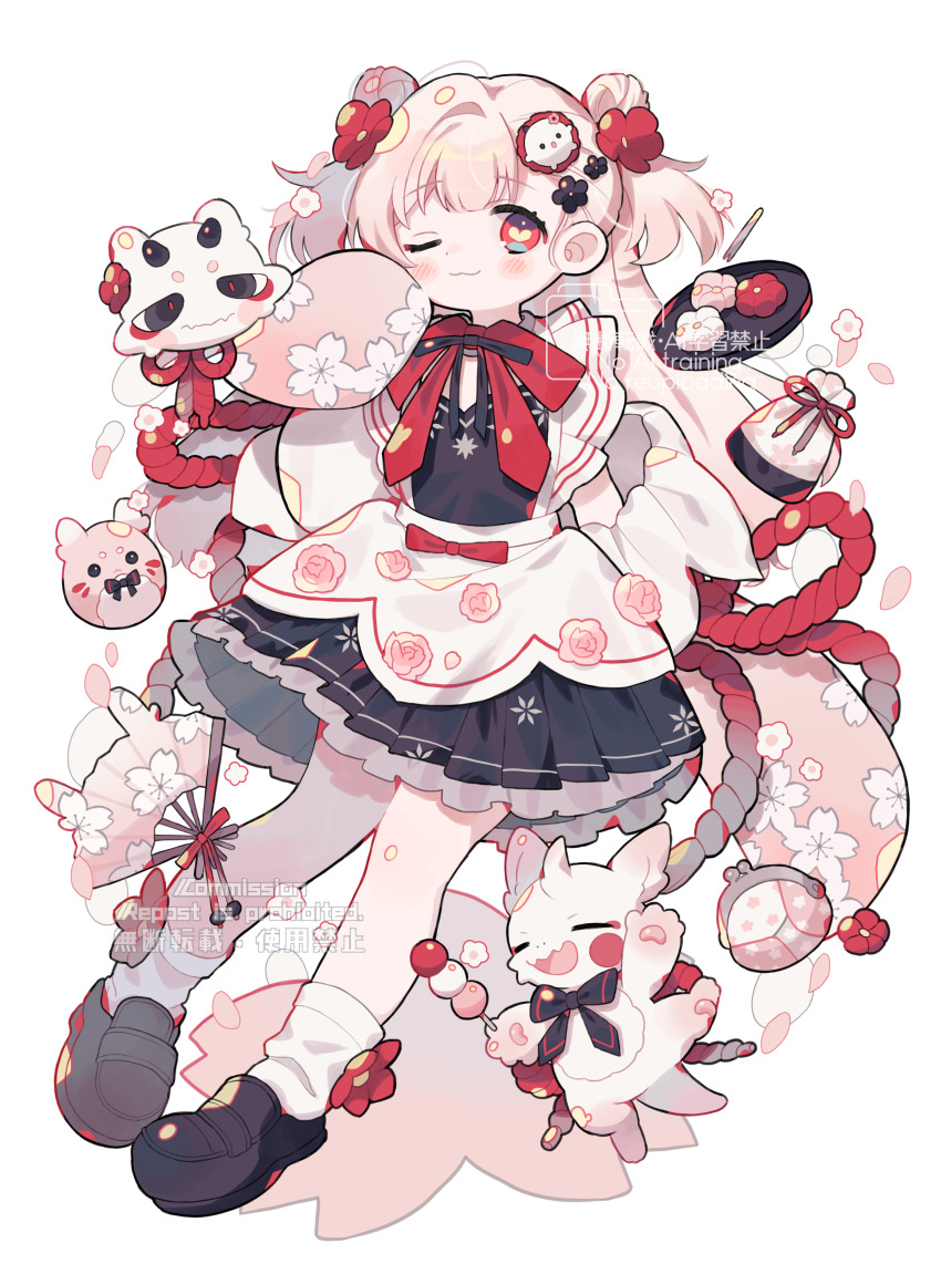 1girl ;3 absurdres apron black_dress black_shoes blush borrowed_character closed_mouth commentary_request commission cotono_(nazekun) double_bun dress flower frilled_skirt frills full_body hair_bun hair_flower hair_ornament highres long_hair long_sleeves looking_at_viewer one_eye_closed original pink_hair pleated_dress red_eyes shoes simple_background skeb_commission skirt smile socks solo watermark white_apron white_background white_socks