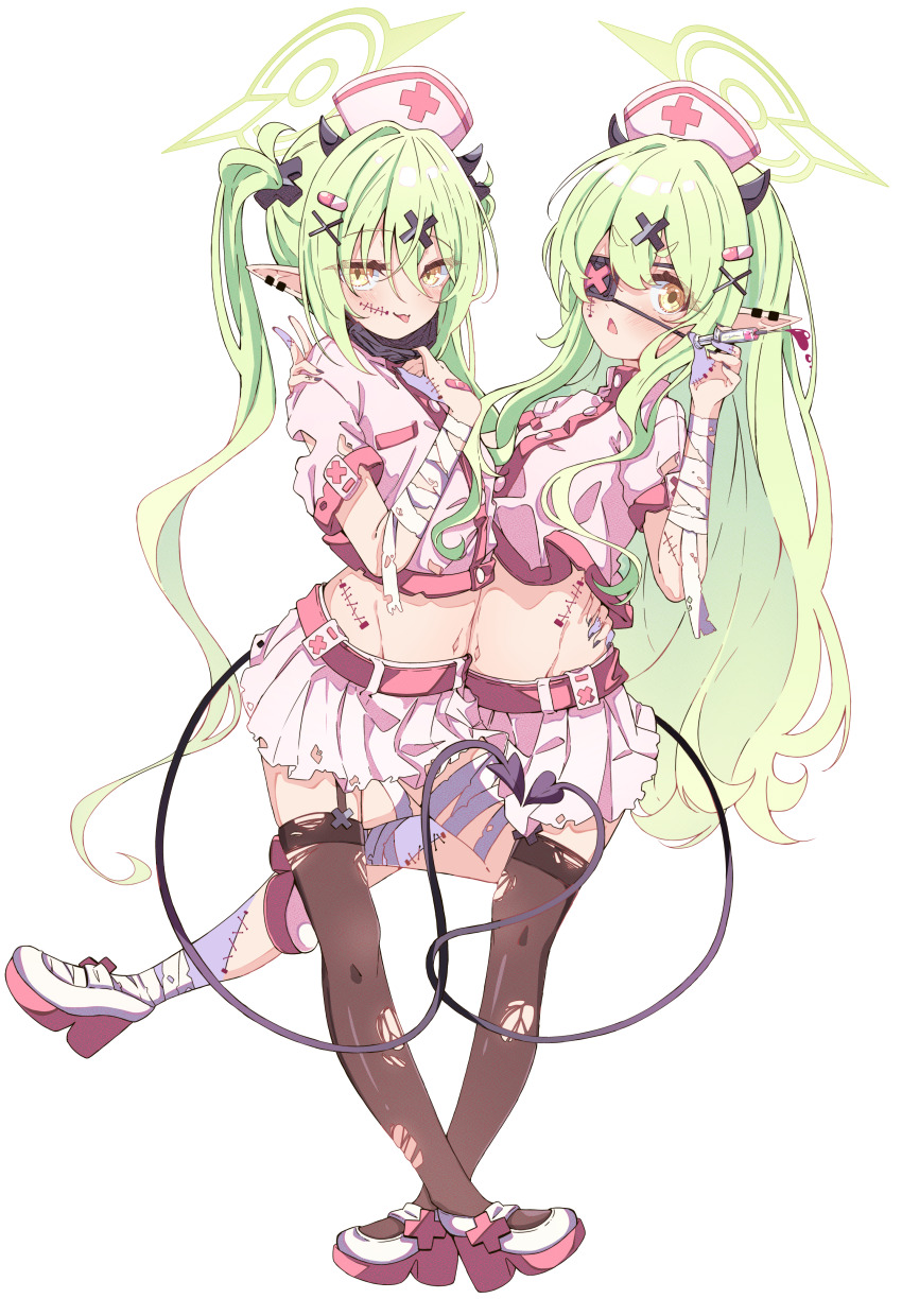 2girls absurdres alternate_costume bandaged_arm bandaged_leg bandages bandaid bandaid_on_hand belt black_horns black_mask black_nails black_tail blue_archive demon_girl demon_horns demon_tail dot_nose earrings eyepatch full_body garter_straps green_hair green_halo hair_between_eyes hair_ornament hairclip halo hat highres hikari_(blue_archive) holding holding_syringe horns jewelry kanikama_acedia loli long_hair looking_at_viewer mask_pull multiple_girls navel nozomi_(blue_archive) nurse nurse_cap pink_belt pleated_skirt pointy_ears siblings simple_background sisters skirt standing straight_hair syringe tail thighhighs tongue tongue_out torn_clothes torn_skirt torn_sleeves torn_thighhighs triangle_mouth twins twintails very_long_hair white_background zettai_ryouiki