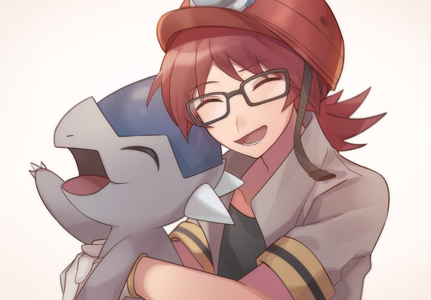 1boy black-framed_eyewear black_shirt claws closed_eyes commentary_request cranidos gen_4_pokemon grey_jacket helmet highres holding holding_pokemon jacket lower_teeth_only male_focus nintendo open_clothes open_jacket open_mouth orange_helmet pokemon pokemon_(creature) pokemon_dppt rectangular_eyewear red_hair roark_(pokemon) shirt short_sleeves simple_background sioinari_03 smile teeth white_background