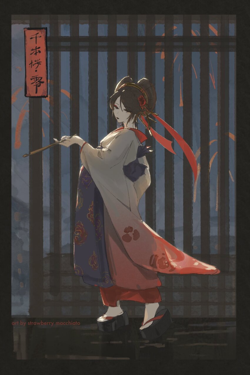 1girl aerial_fireworks black_hair closed_mouth colored_skin commentary double_bun english_commentary eyeshadow fireworks flower full_body hair_bun hair_flower hair_ornament highres holding holding_smoking_pipe japanese_clothes kimono long_sleeves looking_at_viewer makeup meiko_(rei_no_sakura_benitsubaki)_(vocaloid) meiko_(vocaloid) okobo parted_bangs platform_sandals red_eyeshadow red_ribbon ribbon sandals sberrymacchiato senbonzakura_(vocaloid) smoking_pipe solo vocaloid white_skin