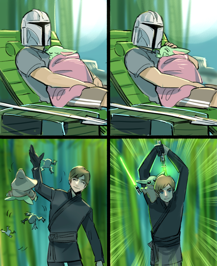 animification blonde_hair brown_shorts chair closed_eyes comic din_djarin energy_sword frog green_lightsaber grogu helmet highres hug jedi lightsaber luke_skywalker meme nori_(tiffanytsaiyyy) parody shorts sleeping smile star_wars sword the_mandalorian weapon