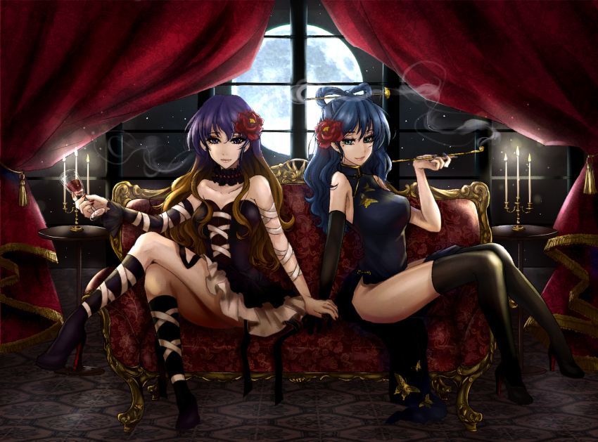 2girls alcohol bad_id bad_pixiv_id black_footwear breasts candle candlestand china_dress chinese_clothes couch cup curtains dress drinking_glass elbow_gloves flower full_moon gloves gradient_hair hair_flower hair_ornament hairpin high_heels highres hijiri_byakuren kaku_seiga kiseru kyogoku-uru large_breasts crossed_legs lips long_hair looking_at_viewer moon multicolored_hair multiple_girls patterned_upholstery smoking_pipe red_curtains red_upholstery shoes single_elbow_glove sitting sleeveless sleeveless_turtleneck smile touhou turtleneck wine wine_glass
