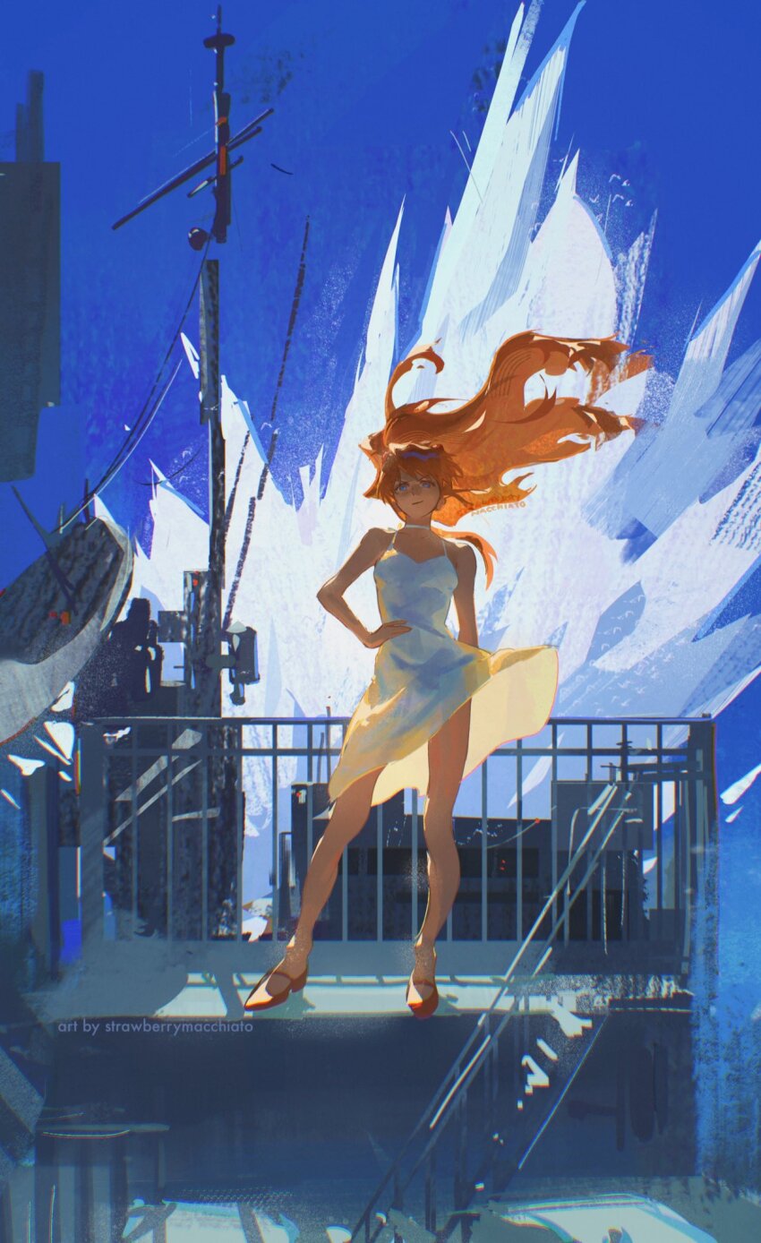 1girl artist_name bare_arms bare_shoulders blue_eyes blue_sky choker closed_mouth commentary contrapposto curvy day dress english_commentary floating floating_clothes full_body hand_on_own_hip highres long_hair looking_at_viewer neon_genesis_evangelion orange_hair outdoors radar_dish radio_antenna red_shoes sberrymacchiato shoes sky sleeveless sleeveless_dress smile smug solo souryuu_asuka_langley standing sundress v-shaped_eyebrows white_choker white_dress wide_hips