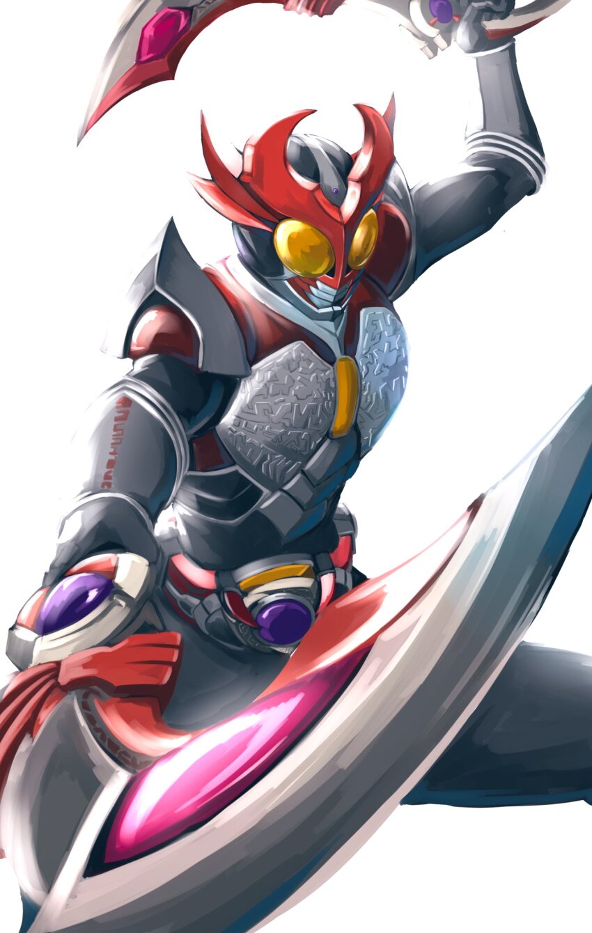 1boy alternate_costume armor commentary rider_belt dual_wielding highres holding holding_sword holding_weapon horns kamen_rider kamen_rider_agito kamen_rider_agito_(series) kamen_rider_agito_(shining_form) kintsuba_(kintsuba_08) male_focus official_alternate_costume rider_belt simple_background sword thighs tokusatsu weapon white_background yellow_eyes