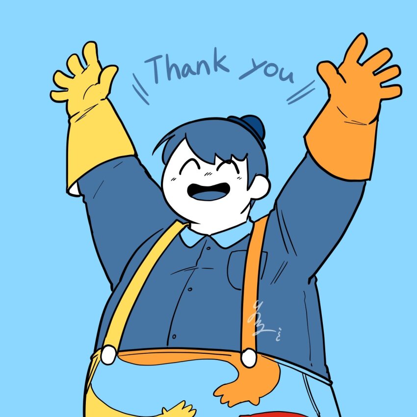 arms_up blue_background bowl bowl_hat colored_skin doey_the_doughman_(poppy_playtime) flat_color gloves happy hat highres personification poppy_playtime suspenders thank_you white_skin yurunezi