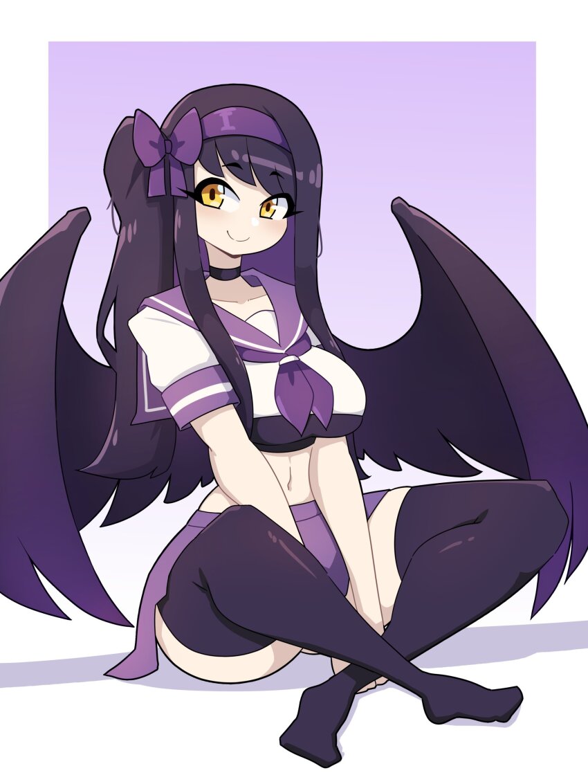 1girl absurdres between_legs black_choker border bow breasts choker crop_top crossed_legs daigada feathered_wings gradient_background hairband hand_between_legs highres inset_border large_breasts light_blush navel neckerchief original purple_background purple_bow purple_hair purple_neckerchief purple_sailor_collar purple_skirt purple_wings sailor_collar school_uniform serafuku shadow sitting skirt smile solo white_background white_border white_serafuku wings yellow_eyes