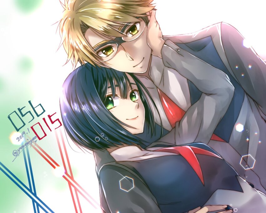 1boy 1girl arm_around_waist arm_at_side artist_name ascot black_dress black_jacket blonde_hair blue_hair blurry bob_cut bokeh breasts character_name cloud collared_shirt commentary couple darling_in_the_franxx dated depth_of_field dress dutch_angle front-to-back glasses gorou_(darling_in_the_franxx) green_background green_eyes grey_dress grey_jacket hair_between_eyes hand_on_another&#039;s_cheek hand_on_another&#039;s_face hand_on_another&#039;s_waist hand_up heads_together height_difference hexagon ichigo_(darling_in_the_franxx) inverted_bob jacket kiriya-sa light_particles looking_at_viewer loose_hair_strand military_uniform pink_lips red_ascot semi-rimless_eyewear shirt signature small_breasts smile swept_bangs translated twitter_username two-tone_background upper_body white_background white_shirt yellow_eyes