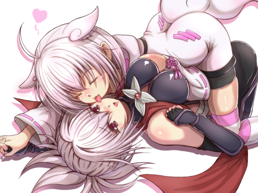 2girls absurdres animal_ears armored_gloves ass ayakashi_triangle bare_shoulders big_kapipara bob_cut breasts butt_crack cat_ears closed_eyes commission dress elbow_gloves folded_hair gloves highres kanade_suzu kazamaki_matsuri large_breasts licking licking_another&#039;s_face long_hair lying multiple_girls pixiv_commission red_eyes short_hair simple_background tail thighhighs white_background white_hair yuri zettai_ryouiki