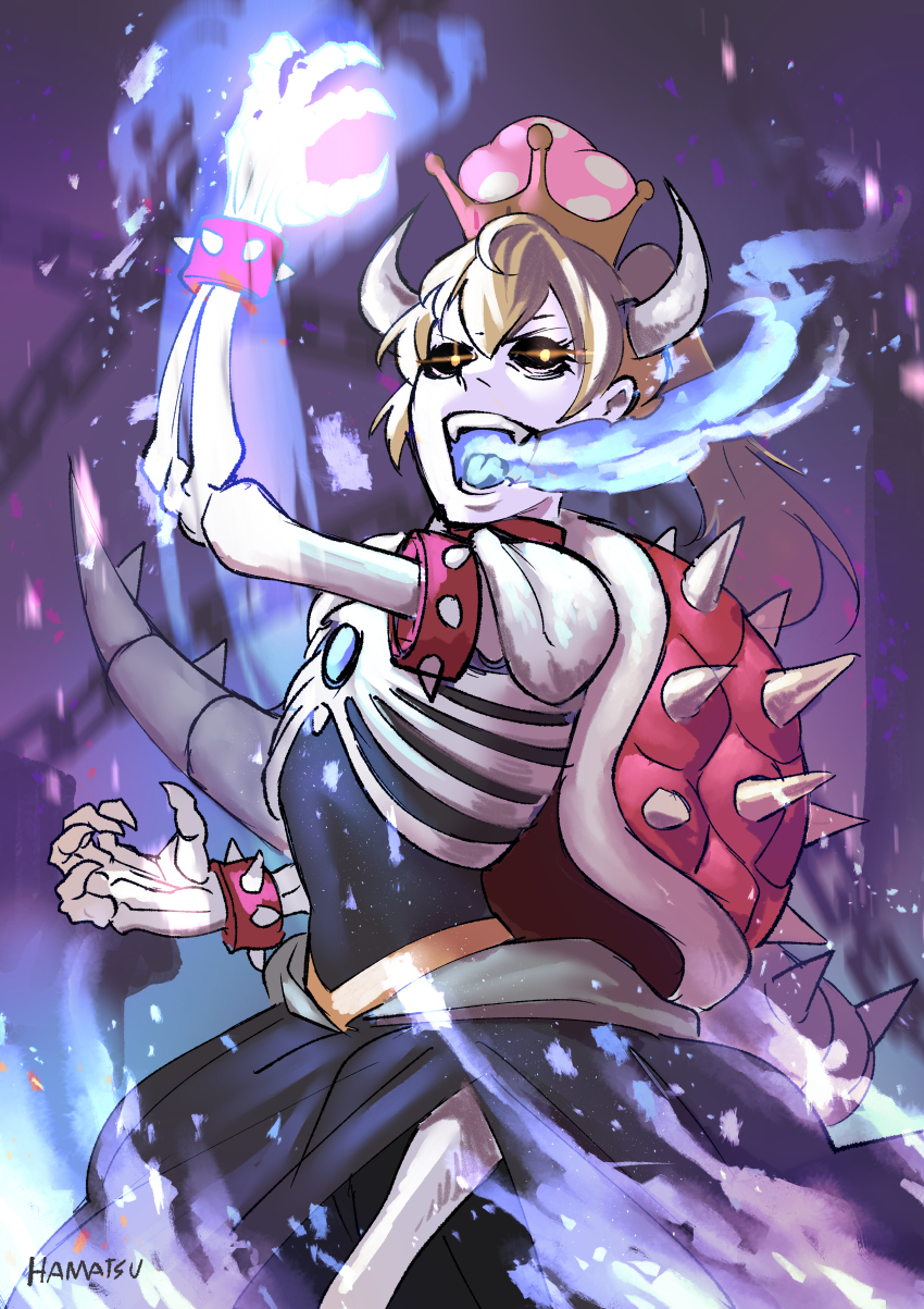 1girl absurdres armlet black_dress black_sclera blonde_hair blue_fire bowsette bracelet burning_mouth collar colored_sclera cowboy_shot crown dress dry_bowser evil_smile female_focus fire flaming_hand glowing glowing_eyes hamatsu hand_up highres horns huge_filesize humanization jewelry long_hair mario_(series) new_super_mario_bros._u_deluxe nintendo open_mouth ponytail side_slit skeleton smile solo spiked_armlet spiked_bracelet spiked_shell spikes standing strapless strapless_dress super_crown turtle_shell yellow_eyes