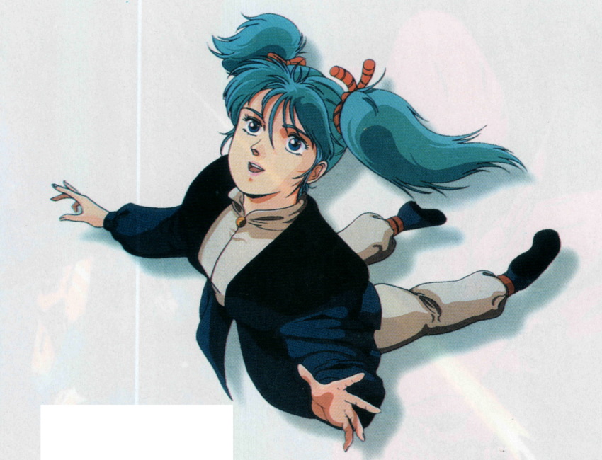 80s afterlife blue_eyes blue_hair char&#039;s_counterattack floating flying gundam happy heaven highres lipstick makeup no_gravity official_art oldschool pink_lips quess_paraya retro_artstyle twintails
