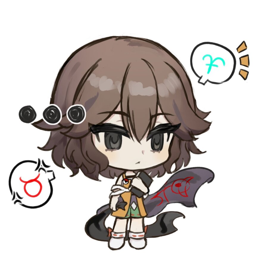 ... 1other androgynous anger_vein aries_(symbol) bare_arms bare_shoulders benny_(len&#039;en) black_eyes black_scarf bo_(ptpt00) book brown_hair chibi chinese_commentary closed_mouth commentary_request expressionless eye_of_senri eyelashes full_body green_shorts highres holding holding_book holding_unworn_clothes holding_unworn_scarf jacket kuzu_suzumi len&#039;en light_blush looking_ahead medium_hair monad notice_lines open_clothes open_jacket orange_jacket other_focus purple_shirt red_ribbon ribbon ribbon-trimmed_shorts ribbon-trimmed_socks ribbon_legwear ribbon_trim scarf shirt shorts simple_background sleeveless sleeveless_jacket sleeveless_shirt socks solo speech_bubble taurus_(symbol) unworn_scarf white_background white_socks