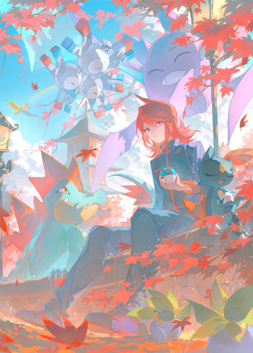 1boy absurdres bakutiku closed_mouth cloud cowlick crobat day feraligatr from_below gen_1_pokemon gen_2_pokemon great_ball highres ho-oh holding holding_poke_ball jacket legendary_pokemon long_hair magneton male_focus nintendo oddish outdoors pants poke_ball pokemon pokemon_(creature) pokemon_hgss purple_eyes rainbow red_hair shoes silver_(pokemon) sitting sky sneasel
