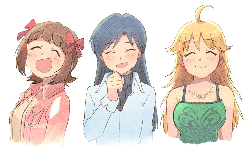3girls ahoge amami_haruka blonde_hair blue_hair blush bow brown_hair character_name closed_eyes closed_mouth collarbone collared_shirt cropped_torso facing_viewer green_tank_top hair_bow hand_up highres hoshii_miki idolmaster idolmaster_(classic) idolmaster_1 jacket jewelry kisaragi_chihaya long_hair long_sleeves multiple_girls necklace open_clothes open_jacket open_mouth pink_jacket red_bow shirt short_hair simple_background smile tank_top tsubobot white_background