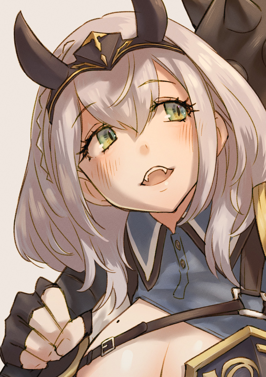 1girl black_gloves black_hairband blush braid breasts chest_guard chest_harness chest_strap cleavage clenched_hand collared_dress commentary_request double-parted_bangs dress eyelashes fake_horns fangs fingerless_gloves gloves green_eyes grey_hair hair_between_eyes hairband harness highres holding holding_mace holding_weapon hololive horn_hairband horns iketa_keiki large_breasts mace medium_hair mole mole_on_breast open_mouth setsubun shirogane_noel shirogane_noel_(1st_costume) side_braid sideways_glance slit_pupils solo spiked_mace spikes upper_body virtual_youtuber wavy_hair weapon