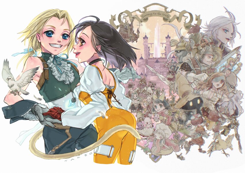6+boys 6+girls absurdres adelbert_steiner aircraft airship animal_ears aqua_ribbon armor artist_name ass bare_shoulders beatrix_(ff9) bird black_choker black_hair black_mage_(final_fantasy) blank_(ff9) blonde_hair blue_eyes bodysuit bow brahne_raza_alexandros_xvi breasts brown_hair castle chainmail character_request chocobo choker cleavage couple cowboy_shot cropped_legs cropped_vest crystal dove dreadlocks eiko_carol everyone eyepatch eyeshadow facing_away final_fantasy final_fantasy_ix fingerless_gloves freija_crescent frilled_shirt_collar frills garnet_til_alexandros_xvii gloves grey_gloves grey_hair grey_pants grey_vest grin gun hagihara_takeo hair_bow hair_ribbon hat hat_feather helmet hetero highres holding holding_hands holding_sword holding_weapon horns jewelry kuja long_sleeves looking_at_another low_ponytail makeup medium_breasts medium_hair multiple_boys multiple_girls neck_ribbon one_eye_closed open_mouth orange_bodysuit overalls pants parted_bangs parted_lips pendant ponytail puffy_long_sleeves puffy_sleeves quina_quen red_eyeshadow red_hair ribbon rifle ruby_(ff9) salamander_coral shirt single_horn sleeveless sleeveless_shirt smile sniper_rifle sword teeth thigh_strap vest vivi_ornitier weapon white_shirt winged_helmet wizard_hat wrist_cuffs yellow_bow yellow_eyes yellow_overalls zidane_tribal