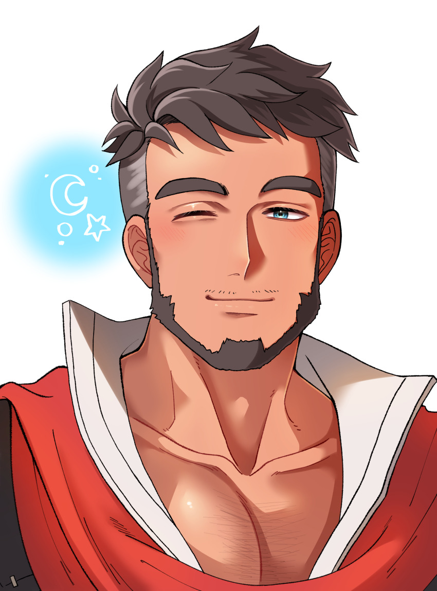 1boy absurdres bara black_hair chest_hair collarbone commentary_request crescent facial_hair goatee grey_hair highres large_pectorals long_sideburns male_focus mugicha_(zoro1132) multicolored_hair mustache_stubble my_time_at_portia my_time_at_sandrock one_eye_closed owen_(my_time_at_sandrock) pectoral_cleavage pectorals portrait sideburns smile solo star_(symbol) stubble thick_eyebrows two-tone_hair undercut