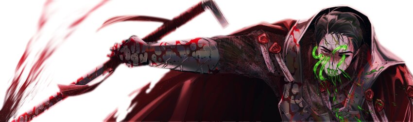 1boy absurdres armor black_eyes black_hair blood blood_on_armor blood_on_clothes breastplate cape highres holding holding_nail hollow_eyes limbus_company liquid_from_mouth looking_at_viewer male_focus meursault_(project_moon) nail nail_(hardware) nyak_138 open_mouth project_moon red_cape simple_background solo upper_body white_background