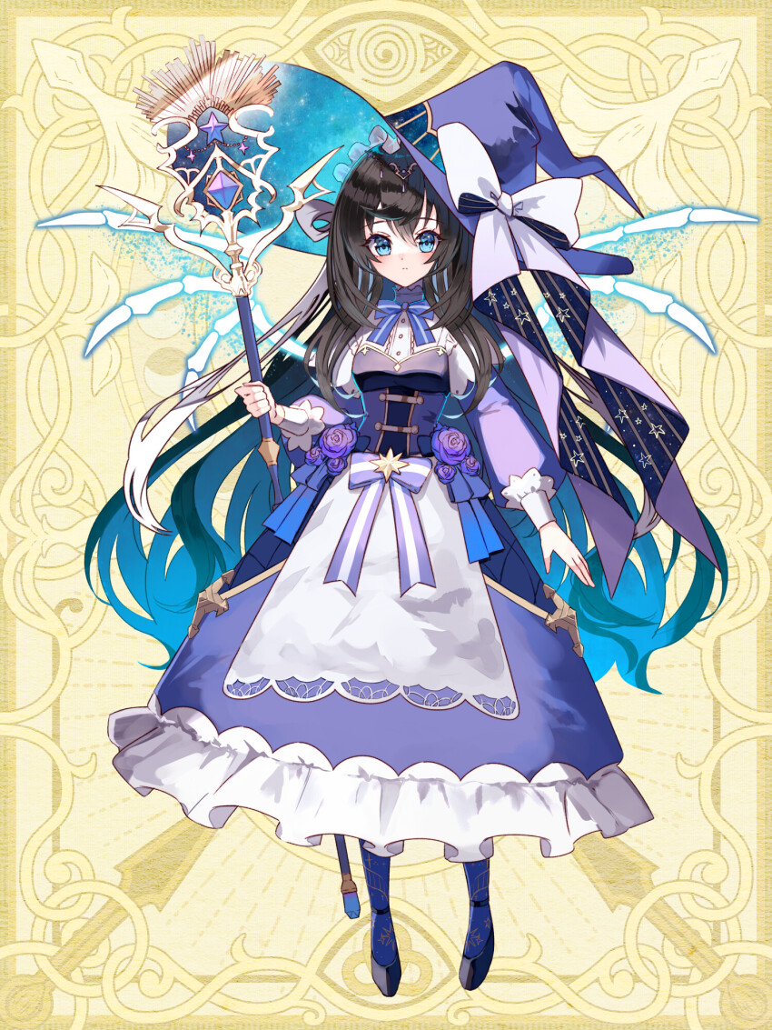 1girl :&lt; ankle_strap apron arm_at_side black_hair black_shoes blue_bow blue_bowtie blue_eyes blue_hair blue_pantyhose blue_ribbon bow bowtie chain_paradox circlet colored_inner_hair dress dress_flower dress_shirt elritta energy_wings expressionless flower frilled_dress frills full_body hair_between_eyes hair_rings hat hat_bow highres holding holding_staff layered_sleeves light_blush long_dress long_hair long_sleeves looking_at_viewer multicolored_hair pantyhose puffy_long_sleeves puffy_sleeves purple_bow purple_dress purple_flower purple_hat purple_rose ribbon rose shirt shoes short_over_long_sleeves short_sleeves sidelocks skeletal_wings solo staff standing star_(symbol) star_print starry_sky_print strapless strapless_dress striped_bow two-sided_fabric two-sided_headwear very_long_hair waist_apron waist_bow white_apron white_bow wings witch_hat