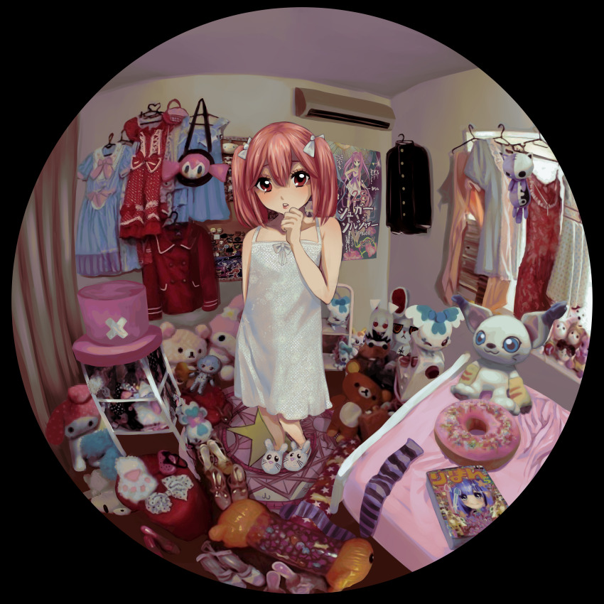 1girl absurdres ayanami_rei bare_shoulders bed bedroom commentary copyright_request digimon dress fisheye full_body fuwa_fuwa_cinnamoroll hand_up highres honekoneko_(psg) indoors loaded_interior looking_at_viewer m40u medium_hair messy_room neon_genesis_evangelion one_piece original panty_&amp;_stocking_with_garterbelt parted_lips pink_hair red_eyes rei_chikita reisen_udongein_inaba rilakkuma san-x sanrio short_twintails sleeveless sleeveless_dress slippers socks solo standing tailmon touhou twintails unworn_clothes unworn_dress unworn_socks white_dress white_slippers