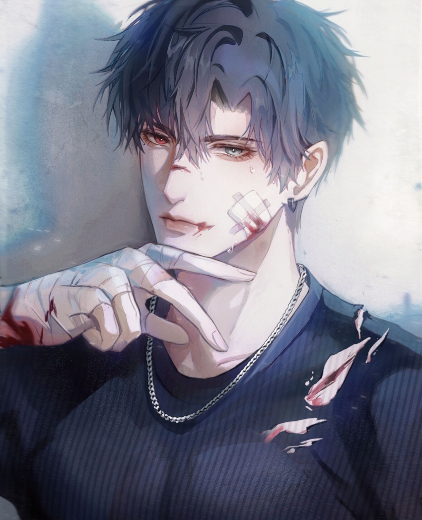 1boy absurdres bandaged_hand bandages black_hair black_shirt blood blood_on_face blood_on_hands chain chain_necklace crew_neck curtained_hair cuts earrings gauze gauze_on_cheek grey_eyes hair_between_eyes heterochromia highres injury jewelry light_and_night_love lips male_focus necklace pectorals red_eyes shadow shirt short_hair smirk solo striped_clothes striped_shirt sweat torn_clothes torn_shirt vertical-striped_clothes vertical-striped_shirt white_background wiping_sweat xiao_yi_(light_and_night_love) youshangdexianyuwangzi