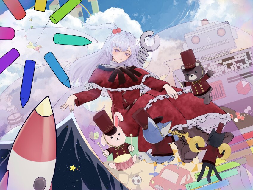 1girl absurdres blue_eyes bow capelet closed_mouth cloud cloudy_sky dress grey_hair hair_bobbles hair_ornament highres instrument long_hair music_box mystic_square one_side_up red_dress rocket_ship shinki_(touhou) sky smile solo space spacecraft star_(symbol) stuffed_animal stuffed_toy tamateba_co touhou touhou_(pc-98) toy toy_airplane toy_robot trumpet white_hair wings