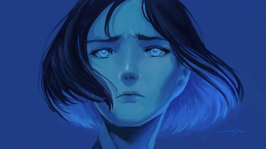 1girl black_hair blue_background blue_eyes blue_hair blue_skin colored_inner_hair colored_skin cortana frown halo_(series) halo_4 highres multicolored_hair portrait raised_inner_eyebrows short_hair signature solo stellarstatelogic