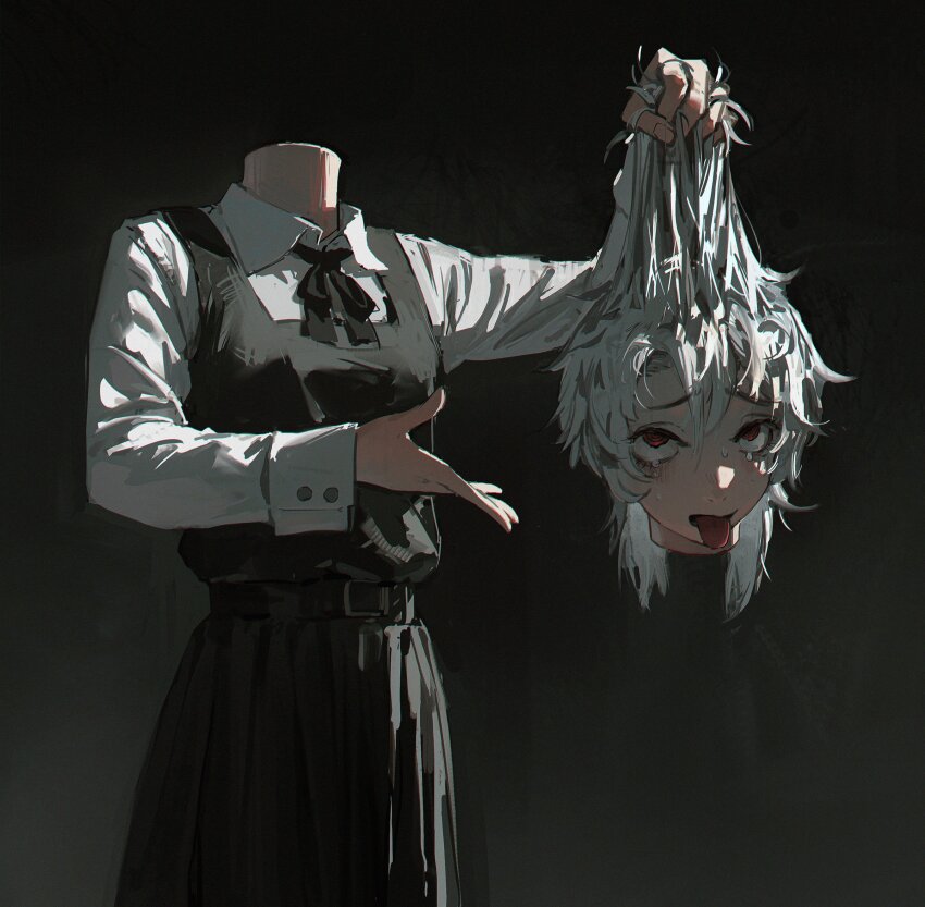 1girl absurdres black_dress chainsaw_man collared_shirt commentary dino_(dinoartforame) dress fourth_east_high_school_uniform grey_hair highres holding_detached_head pinafore_dress red_eyes school_uniform shirt sleeveless sleeveless_dress solo symbol-only_commentary tongue tongue_out white_haired_girl_(chainsaw_man) white_shirt