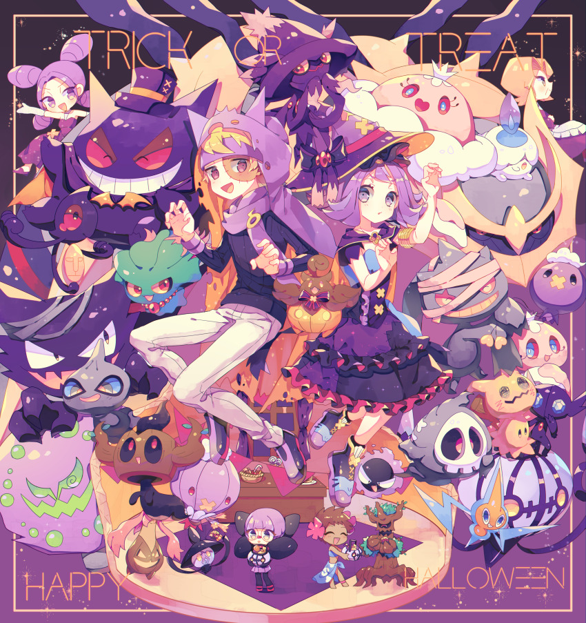 1boy 5girls absurdres acerola_(pokemon) agatha_(pokemon) apron banette basket black_shirt blonde_hair candy candy_cane chandelure character_hat chibi claw_pose dress drifblim drifloon duskull elbow_gloves fantina_(pokemon) food frillish frillish_(female) full_body gastly gen_1_pokemon gen_3_pokemon gen_4_pokemon gen_5_pokemon gen_6_pokemon gen_7_pokemon gengar giratina gloves gourgeist halloween halloween_bucket happy_halloween hat haunter headband highres jellicent jellicent_(female) lampent legendary_pokemon litwick lollipop mimikyu morty_(pokemon) multiple_girls nagatsukiariake nintendo pants phoebe_(pokemon) pokemon pokemon_(creature) pokemon_bw pokemon_dppt pokemon_hgss pokemon_rgby pokemon_rse pokemon_sm pumpkaboo purple_background purple_dress purple_eyes purple_footwear purple_hair purple_headband purple_hood rotom round_eyewear sableye shauna_(pokemon) shirt short_hair shuppet spiritomb stitched_face stitches top_hat trevenant trick_or_treat waist_apron white_gloves white_pants window witch_hat yamask