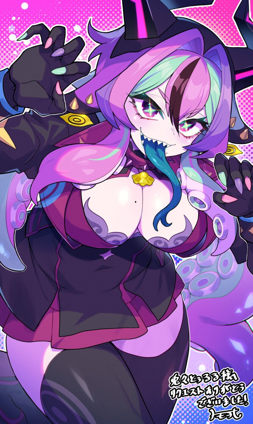 1girl aqua_streaks black_thighhighs breasts bright_pupils character_request cleavage commentary_request commission copyright_request cowboy_shot double-parted_bangs dress fingernails hair_between_eyes hair_intakes hands_up highres large_breasts long_hair long_tongue looking_at_viewer matsumoto_tomoyohi mole mole_on_breast multicolored_hair multicolored_nails open_mouth purple_background purple_dress purple_eyes purple_hair sharp_teeth skeb_commission smile solo streaked_hair symbol-shaped_pupils teeth tentacle_hair thighhighs tongue tongue_out x-shaped_pupils