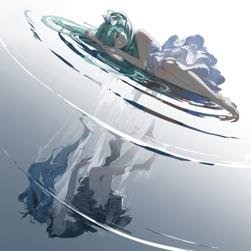 2girls absurdres aqua_hair barefoot black_dress dress dual_persona gradient_background hatsune_miku highres long_hair lying multiple_girls on_side qianyaoyi ripples shinkai_shoujo_(vocaloid) sideways_mouth very_long_hair vocaloid white_dress