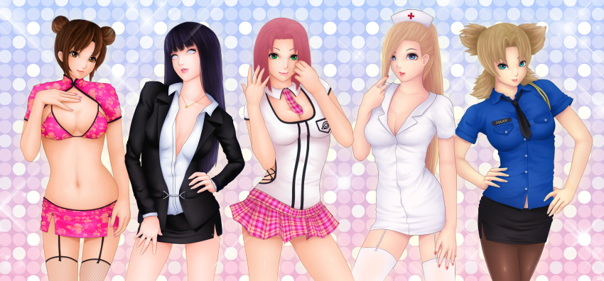 5girls black_hair blonde_hair blue_eyes breasts brown_eyes brown_hair china_dress chinese_clothes cleavage double_bun dress english_text fishnet_legwear fishnets green_eyes hair_bun haruno_sakura hat highres hyuuga_hinata jewelry khalitzburg_(user_2274420) konohagakure_symbol large_breasts long_image medium_breasts miniskirt multiple_girls nail_polish naruto_(classic) naruto_(series) navel necklace necktie nurse nurse_cap office_lady pantyhose pencil_skirt pink_hair police police_uniform ponytail short_hair skirt temari_(naruto) tenten_(naruto) thighhighs white_eyes wide_image yamanaka_ino