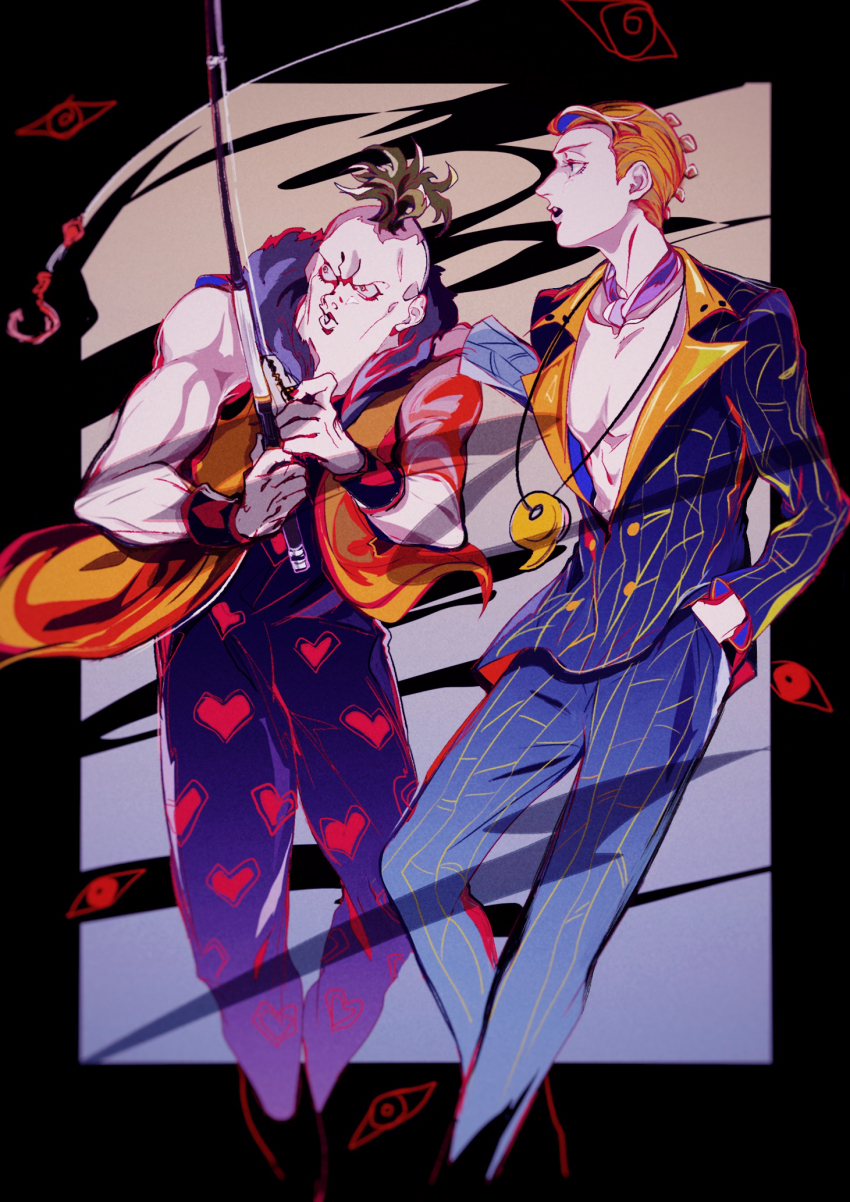 2boys bare_pectorals beach_boy_(stand) blonde_hair blue_jacket blue_pants coat fishing fishing_rod fur_trim green_hair heart heart_print highres hook jacket jewelry jojo_no_kimyou_na_bouken magatama magatama_necklace mizudama multiple_boys necklace open_mouth pants pectorals pesci prosciutto sleeveless sleeveless_coat vento_aureo wristband yellow_coat